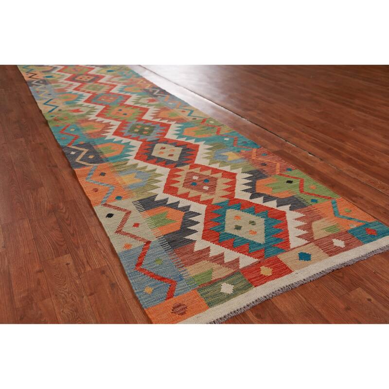 Hand Woven Oriental 100% Wool Carpet Southwestern Geometric Multi-Colored Kilim Runner Rug - 16' 2'' X 2' 10''