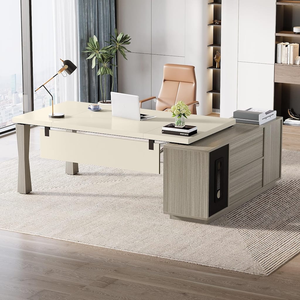 8.7" Executive Desk, L-Shaped Office Table with Cabinet & Shelves
