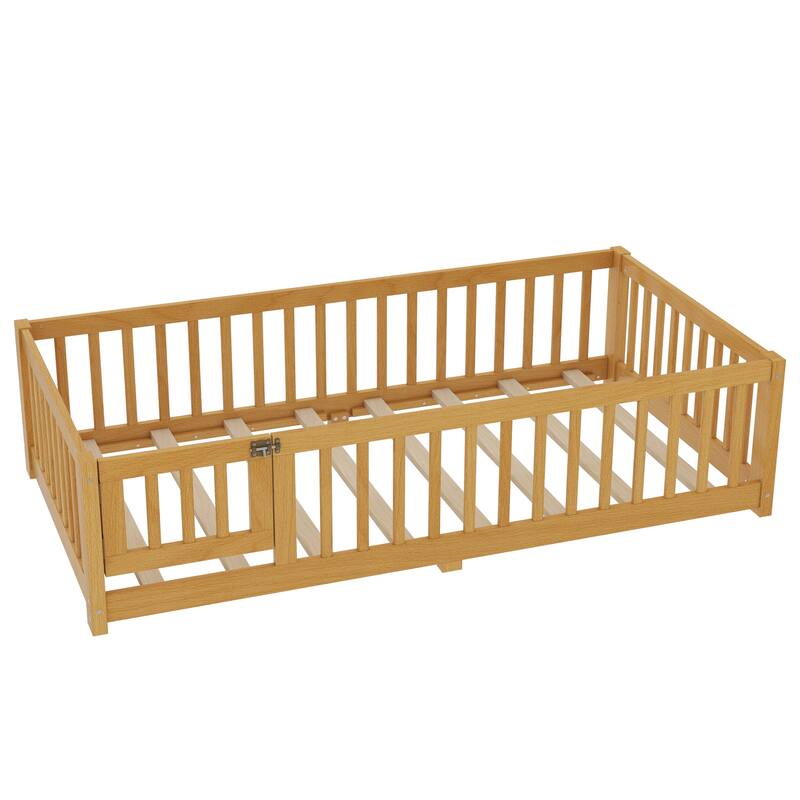 Natural Twin Size Bed Floor Bed w/ Safety Guardrails & Door for Kids