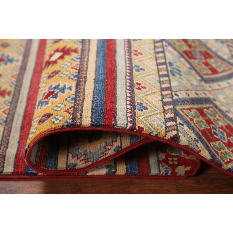 Striped Geometric Kazak Area Rug Hand-Knotted Wool Carpet - 4'11" x 6'7"
