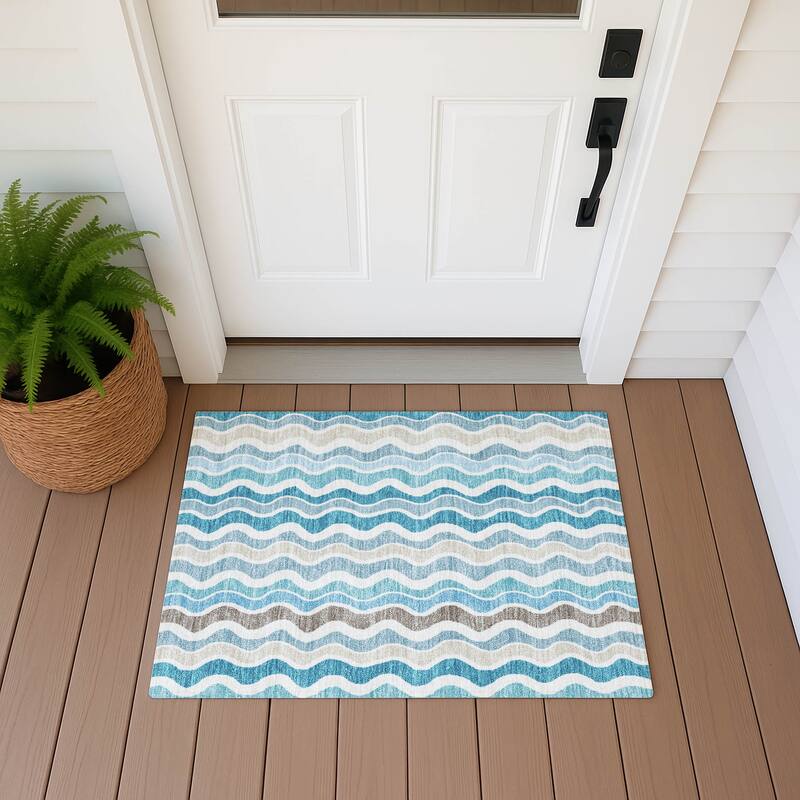 Machine Washable Indoor/ Outdoor Funky Stripe Chantille Rug - Teal - 1'8" x 2'6"