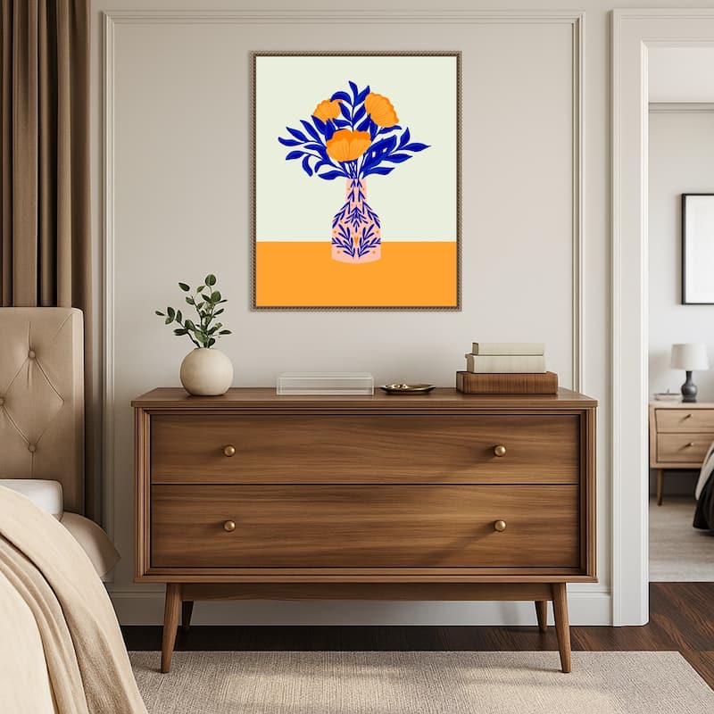 Orange Poppies In a Vase by Angela Minca Framed Canvas Wall Art Print