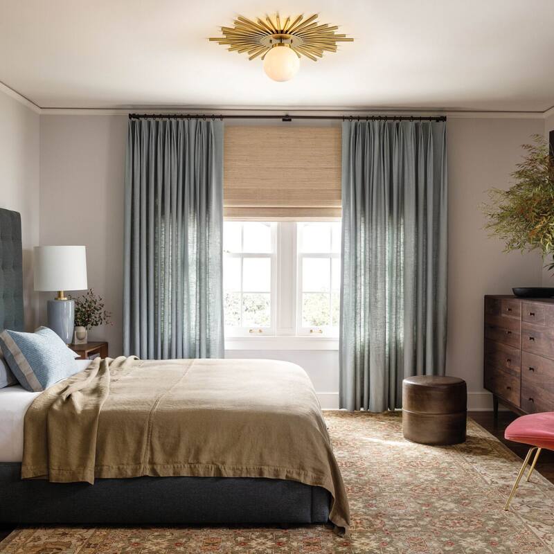 23.6" 1-Light Mid-Century Modern Luxury Raidant Sunburst Gold/Black Semi-Flush Mount Ceiling Light with Opal Glass Globe Shade