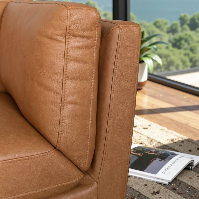 Madison Mid-Century Modern Top Grain Leather Sofa with Walnut-Finished Base