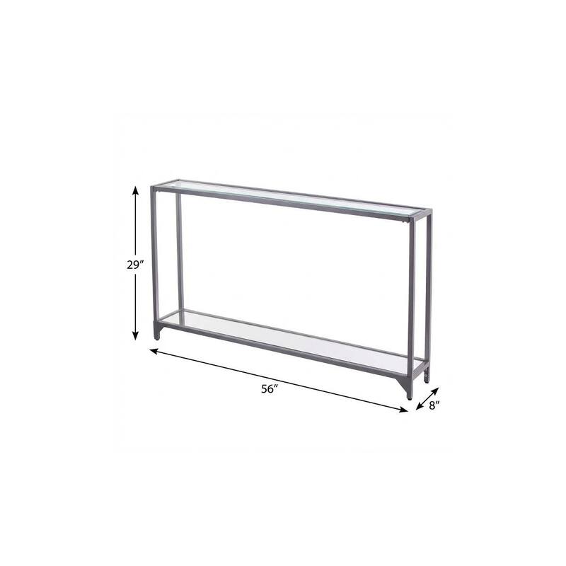 HomeRoots 56" Clear and Silver Glass Mirrored Floor Shelf Console Table With Storage - 56.00 in. x 29.00 in. x 8.00 in.