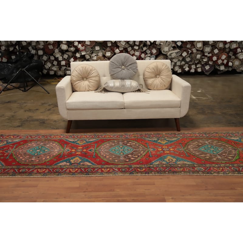 Hand Knotted Oriental 100% Wool Carpet Traditional Geometric Oranges & Rust Tabriz Runner Rug - 13' 3'' X 3' 3''
