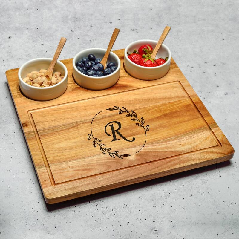 Picnic at Ascot Personalized Acacia Cheese & Charcuterie Board with Ceramic Dip Bowls - R