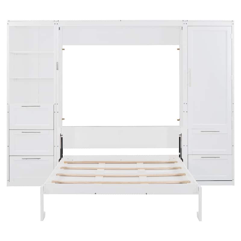 Foldable Queen Size Murphy Bed Flip Design Storage Wall Cabinet Bed with Wardrobe, Drawers, Open Shelves and Adjustable Layout