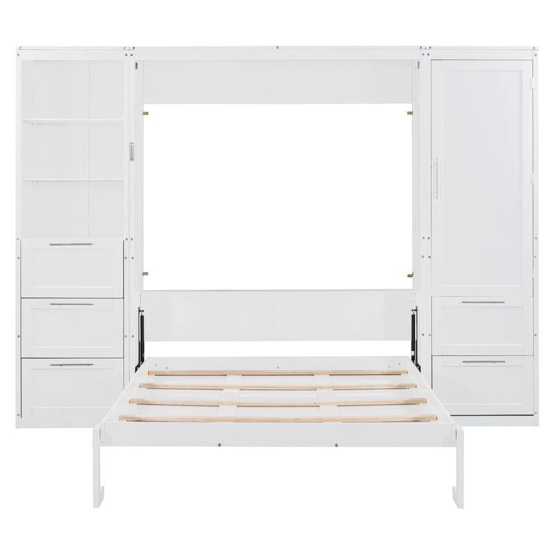 Queen Size Wall Murphy Bed Cabinet, Solid Wood Storage Murphy Cabinet Bed Frame with Drawers, Shelves and Wardrobe
