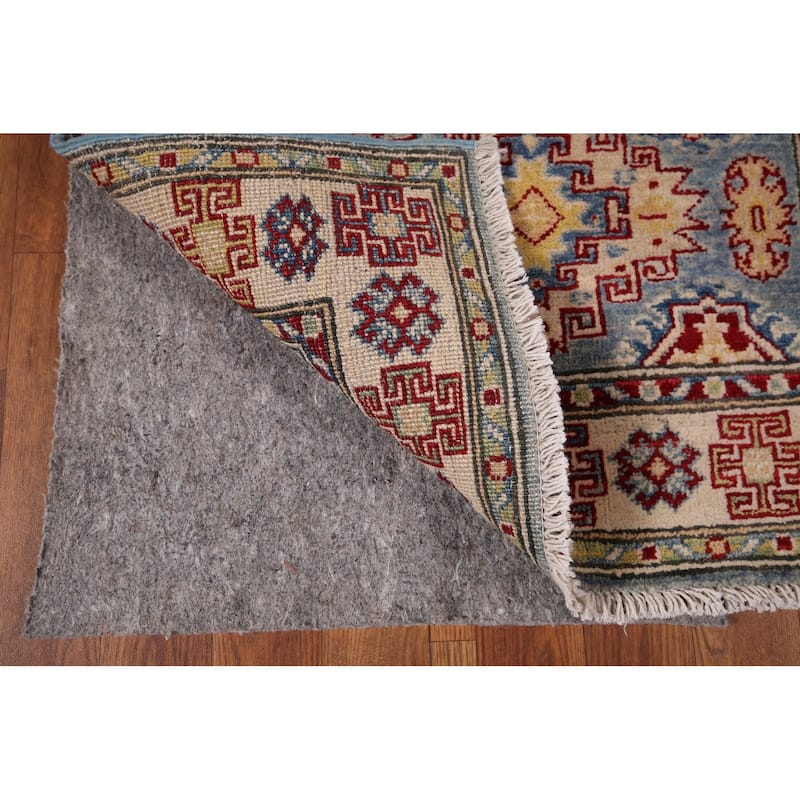 Blue Geometric Kazak Runner Rug Hand-Knotted Wool Carpet - 2'9" x 15'11"