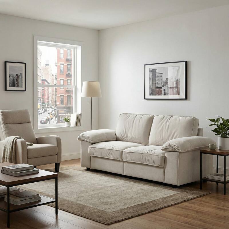 Roomfitters Modern Overstuffed Upholstered Sofa with Hidden Storage and Padded Arms, Comfy Loveseat for Small Space