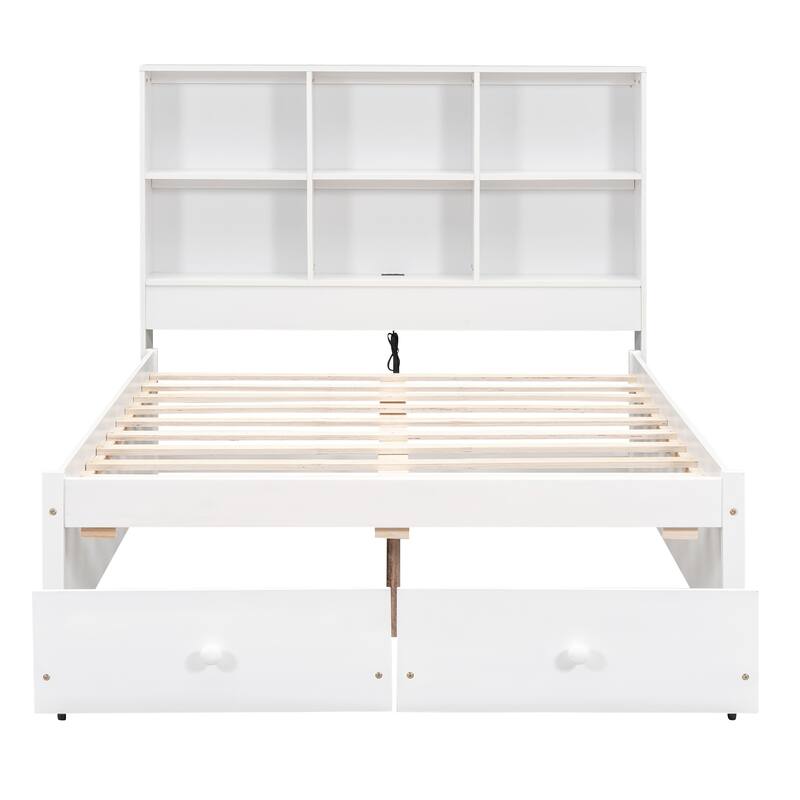 Full Platform Bed with Storage Headboard, USB Charging Ports, and 2 Under-Bed Drawers for Modern Bedrooms