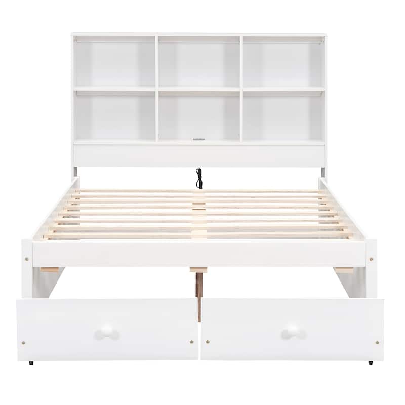 Roomfitters Full Platform Bed with Storage Headboard, USB Charging Station and Lift-Up Compartments, White