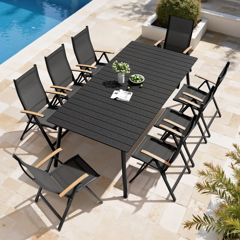 9PC Outdoor Patio Dining Set Aluminum Umbrella Hole Table with Folding Chairs