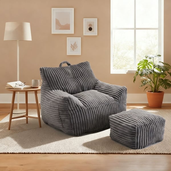 slide 2 of 25, Plush Cloud-Like Bean Bag Chair & Ottoman Set - Soft Microsuede Lounger for Living Room/Playroom Grey