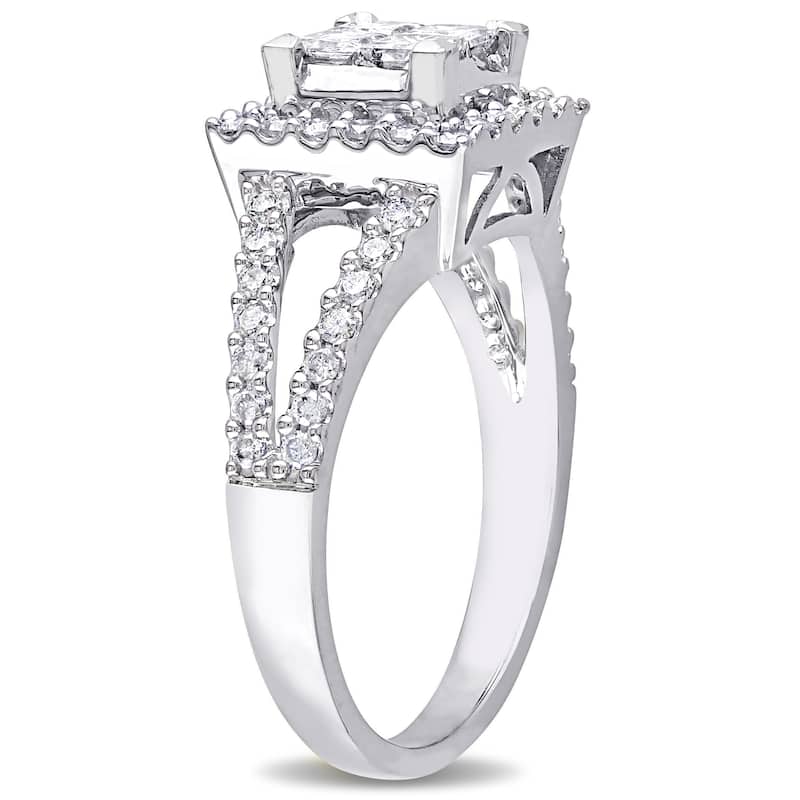 Miadora 1ct TW Princess Cut Quad Round Diamond Halo Split Shank Engagement Ring in 14k White Gold