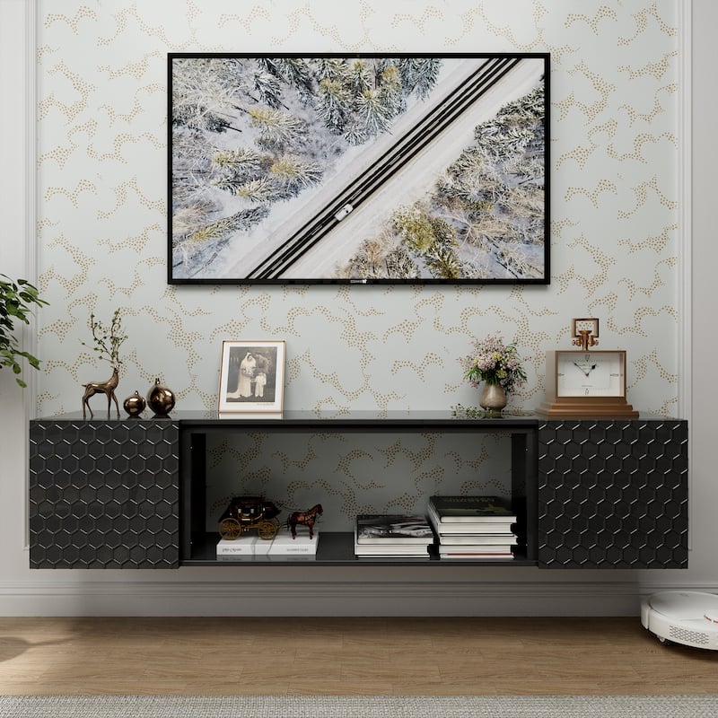 Floating TV Wall Mount Stand for 80 Inch TVs - Wood Console,High Weight Capacity & Hidden Cable Management,Contemporary Style - Black
