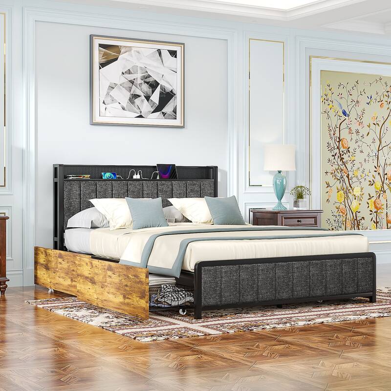 VECELO Bed Frames with Charging Stations, Upholstered Platform Beds with Storage Headboard and 4 Drawers