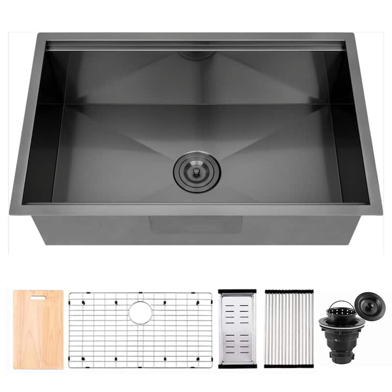 CB HOME 32'' Undermount Gold Kitchen Sink, Drop in Black/Stainless Steel Kitchen Sink, Single Bowl Kitchen Sink with Accessories - 32''x19''x10''-Sink+Accessories - Black