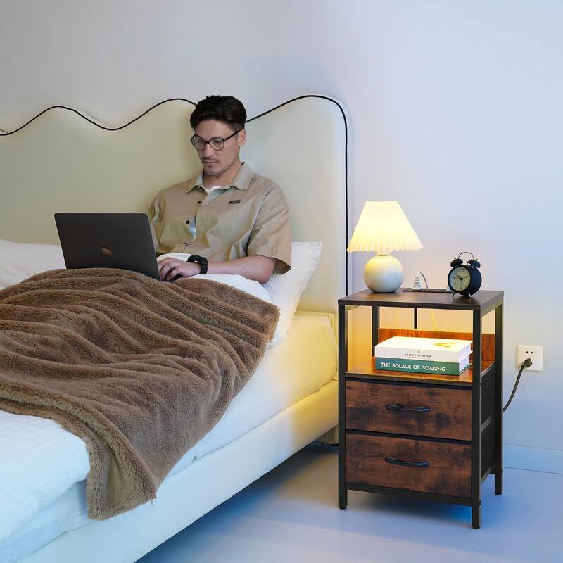 Nightstand with Charging Station,LED Night Stand with Fabric Drawers and Storage Shelf,Nightstands Bedside Tables with USB Ports