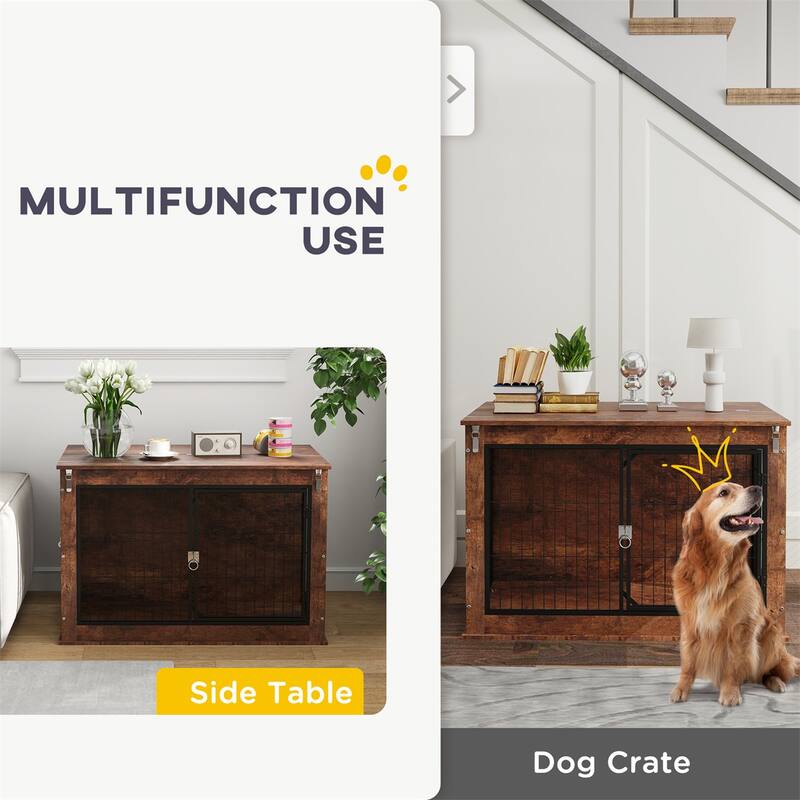 Rustic Brown Dog Crate Furniture with Dual Doors Top Opening Steel and Particleboard Construction for Large Dogs
