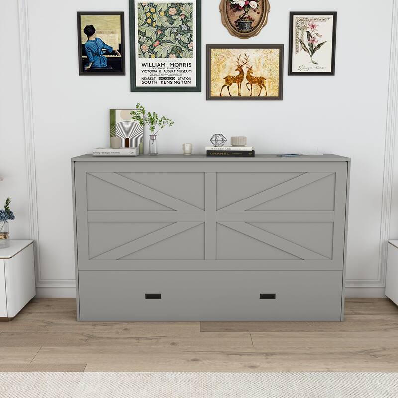 Full Size Foldable Murphy Bed Cabinet with Storage and Charging