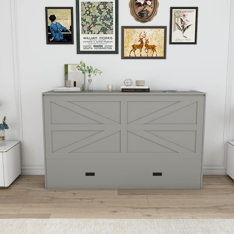 Hidden Folding Murphy Bed with Storage Drawers/Charging Station/Foldable Mattress/Full Size Mobile Cabinet Bed Frame/Noise-free