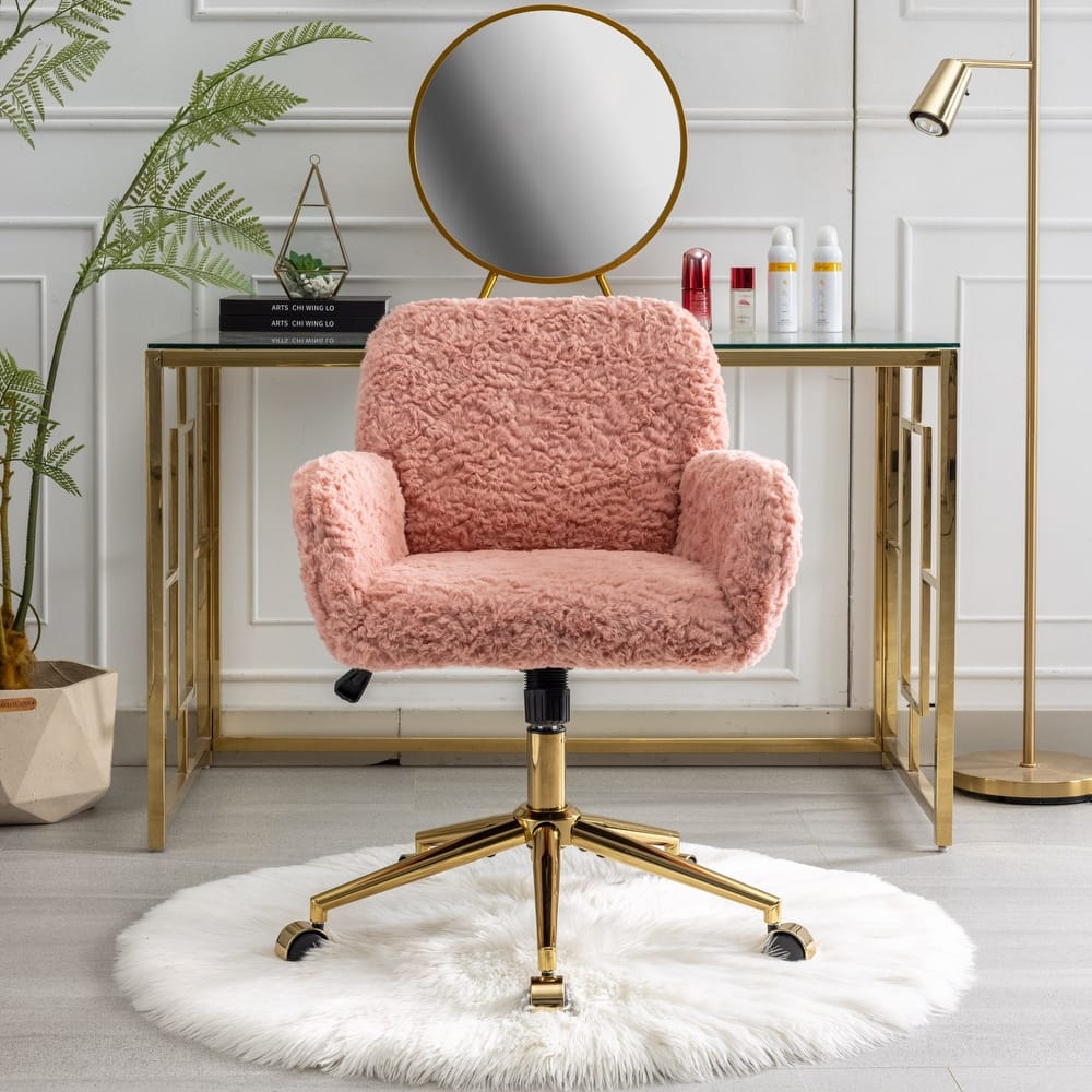 GDFStudio - Modern Upholstered Swivel Home Office Chair with Golden Metal Base and Artificial Rabbit Hair Comfort