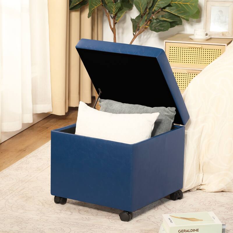 Adeco Bonded Leather Storage Ottoman Square Tufted Cube Footstool