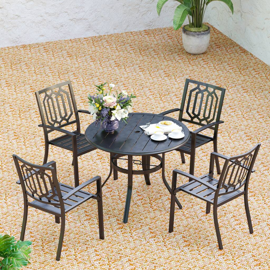 MAISON ARTS 5 Pieces Outdoor Patio Dining Set, 4 Metal Stackable Dining Chairs and 1 Round 37.8" Diameter Umbrella Table