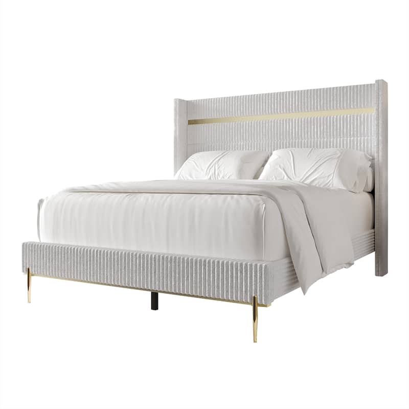 CraftPorch Corduroy Luxurious Gold PU Strip Wingback Velvet Upholstered Bed - White - King
