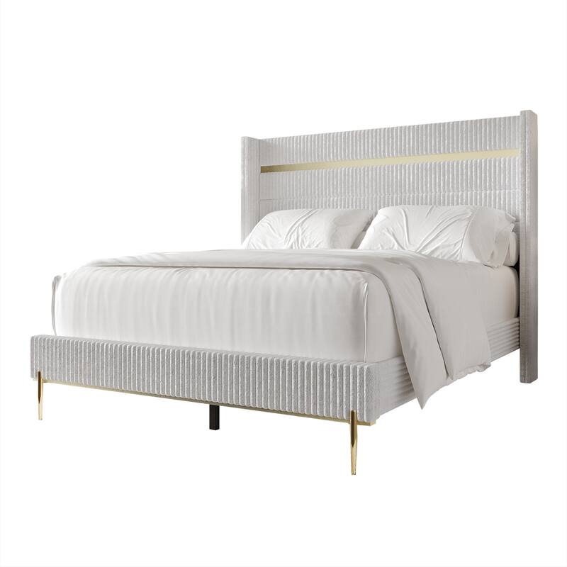 CraftPorch Luxurious Gold PU Strip Wingback Velvet Upholstered Bed - White - Full