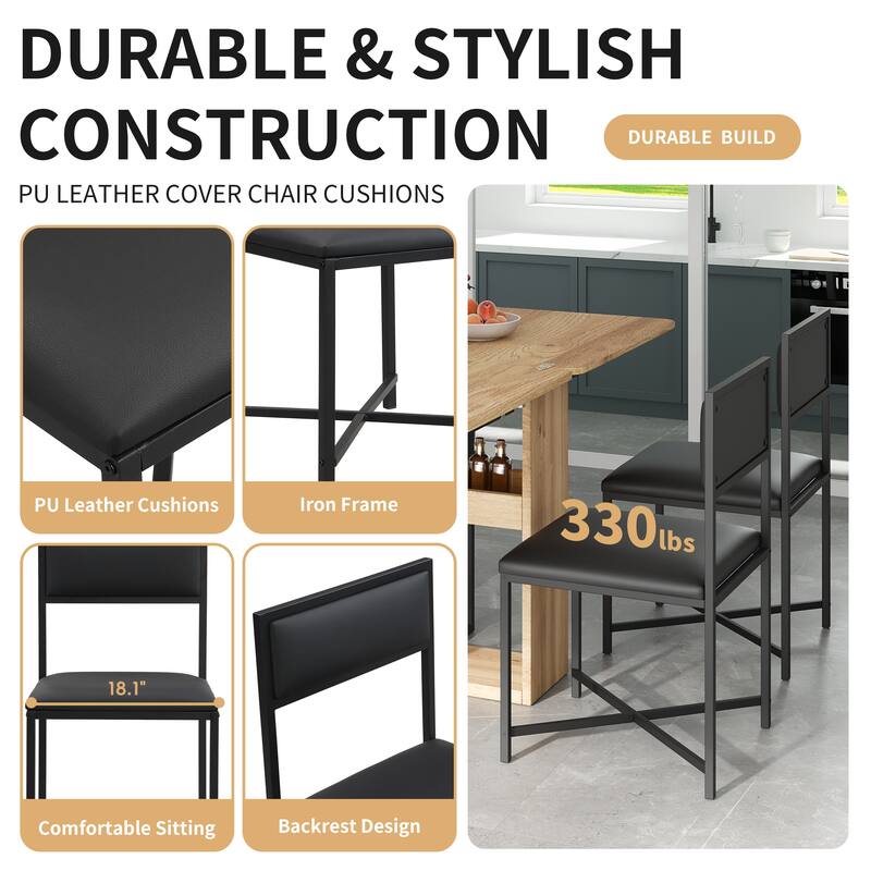 Modern 5-Piece Extendable Dining Table Set, 63" Kitchen Foldable Wooden Table with Lower Storage Shelf and 4 PU Leather Chairs