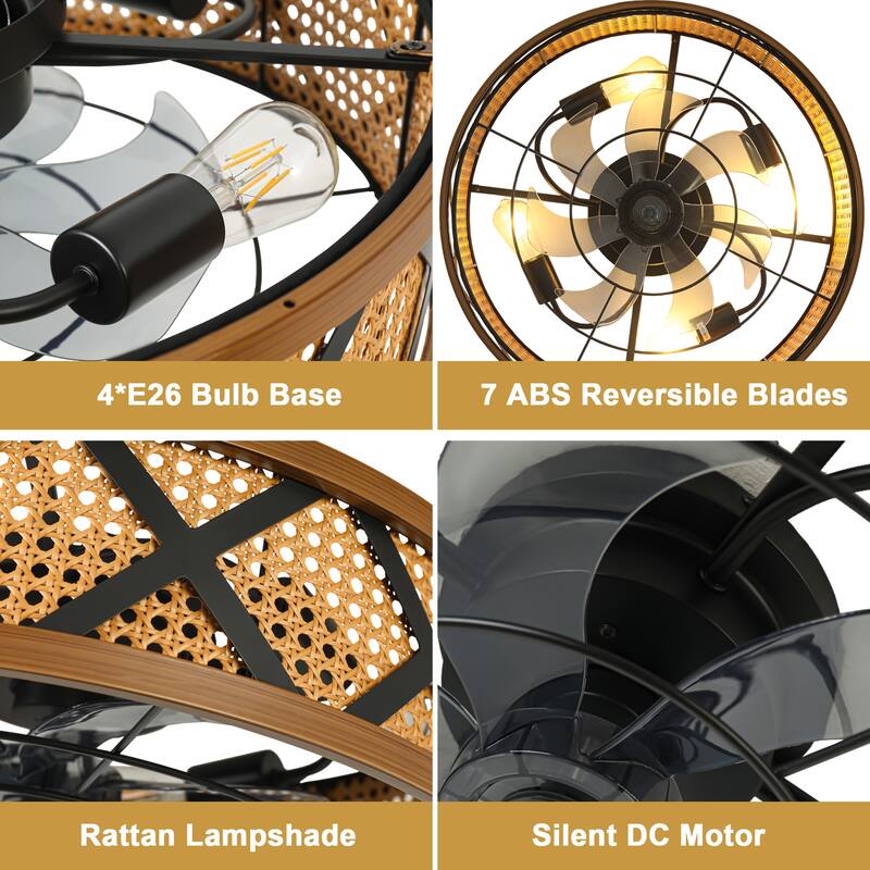 Cusp Barn 23" Boho Rattan Flush Mount Low Profile 6 Speeds Reversible Caged Ceiling Fan with Light and Remote for Bedroom