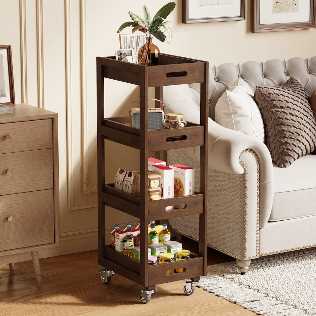 4-Tier Solid Wood Storage Cart, Narrow Kitchen Rolling Carts on Wheels