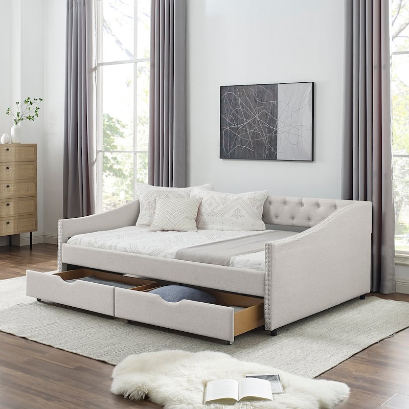 Mid-Century Linen Upholstered Daybed Platform Bed Frame with Storage Drawers, Button Tufted Back and Nailhead Trim Arms