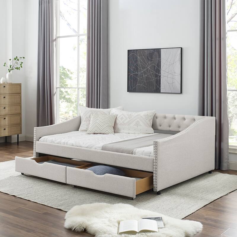 Tufted Button Daybed with 2 Storage Drawers/Upholstered Sofa Bed Frame w/Copper Nail on Waved Shape Armrests/No Spring Box Need