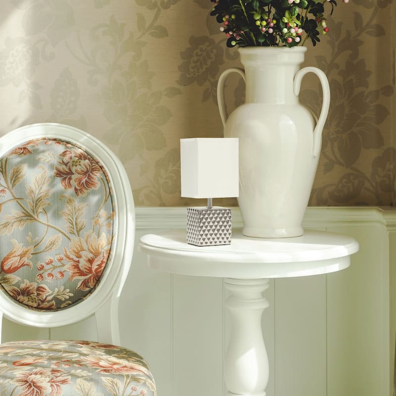 Tall Petite Ceramic Hammered Bedside Table Desk Lamp with Rectangular Shade - 11.75" - Silver and White