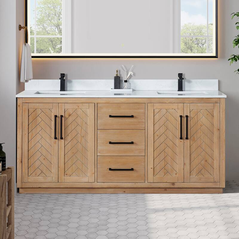 Anais 3Single Bathroom Vanity in Light Brown with Grain White Engineered Stone Countertop without Mirror - 72inch