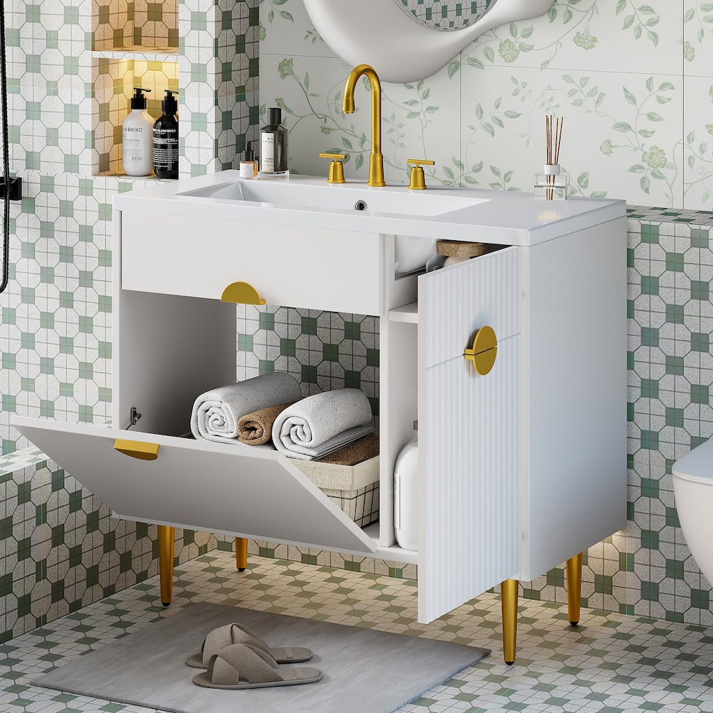 36" Bathroom Vanity with Resin Basin Sink, Modern Bathroom Sink Cabinet