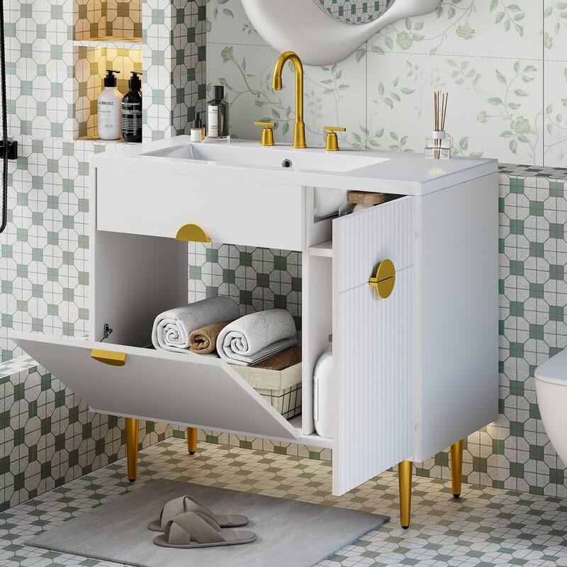 36" Bathroom Vanity with Resin Basin Sink Modern Sink Storage Cabinet with Soft-Closing Door and Drop-Down Door