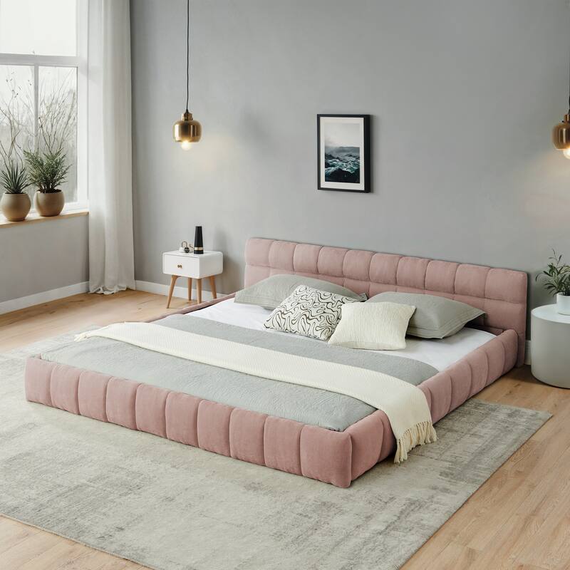 Block Thick Chenille Low Profile Platform Bed Fabric Upholstered Bedframe with Headboard Solid Wood Frame - Optional Storage Bed - Pink - California King