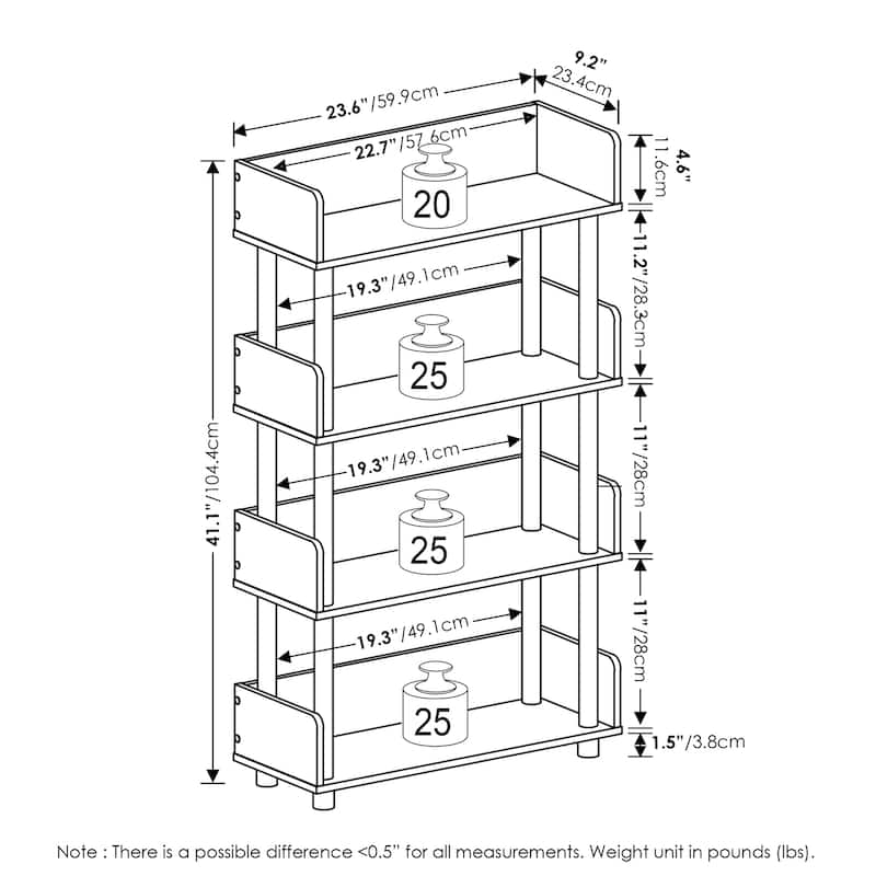 4 Tiers Wood Household Shelving Unit in Pine/Black (23.62 in. W x 41.1 in. H x 9.21 in. D) - 23.62