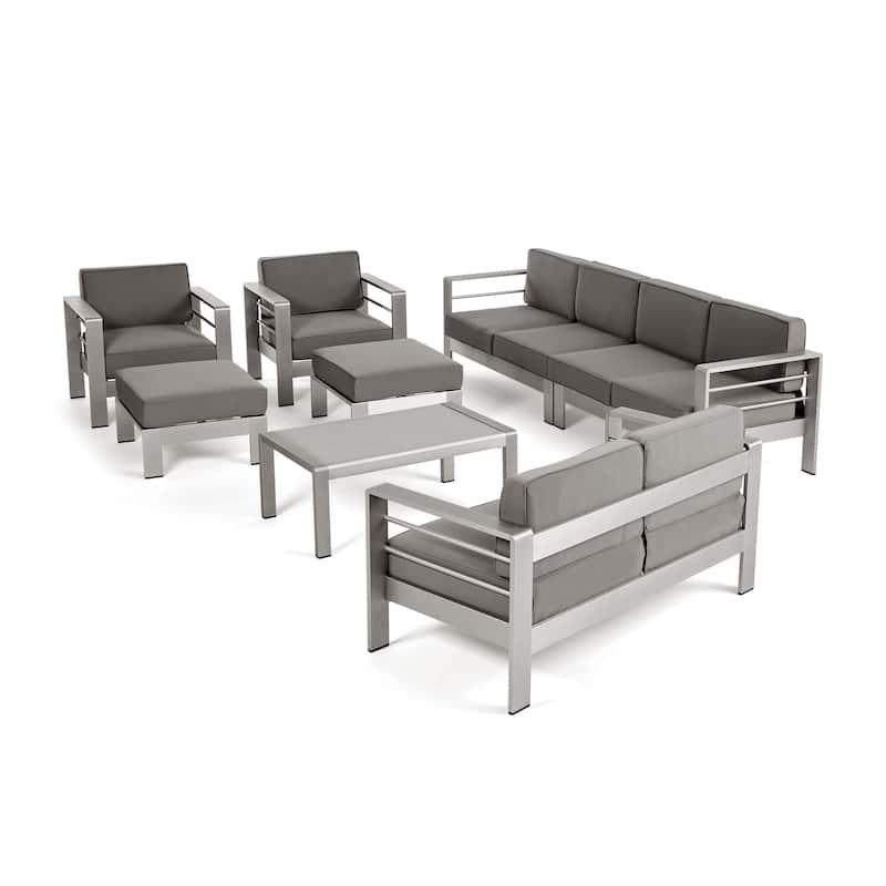 Cape Coral Outdoor 8-Seater Sectional Sofa Set by Christopher Knight Home - silver + khaki cushion