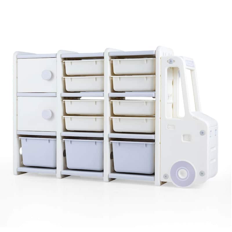 Costway Kids Toy Storage Organizer with 2 Cabinets & 11 Removable Bins - See Details - Off-white + Grey - See Details