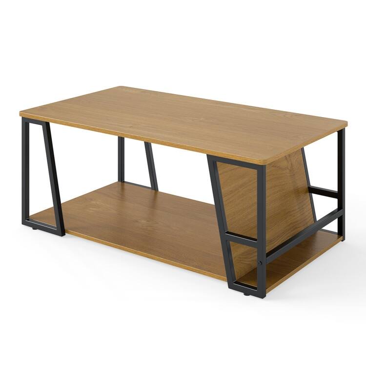 Industrial Coffee Table with Storage Shelf and Side Compartment Rectangle Wood and Metal Accent Table for Living Room