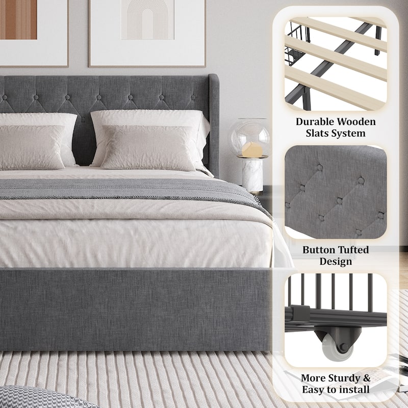 Bed Frame with Storage Drawers and Wingback Headboard