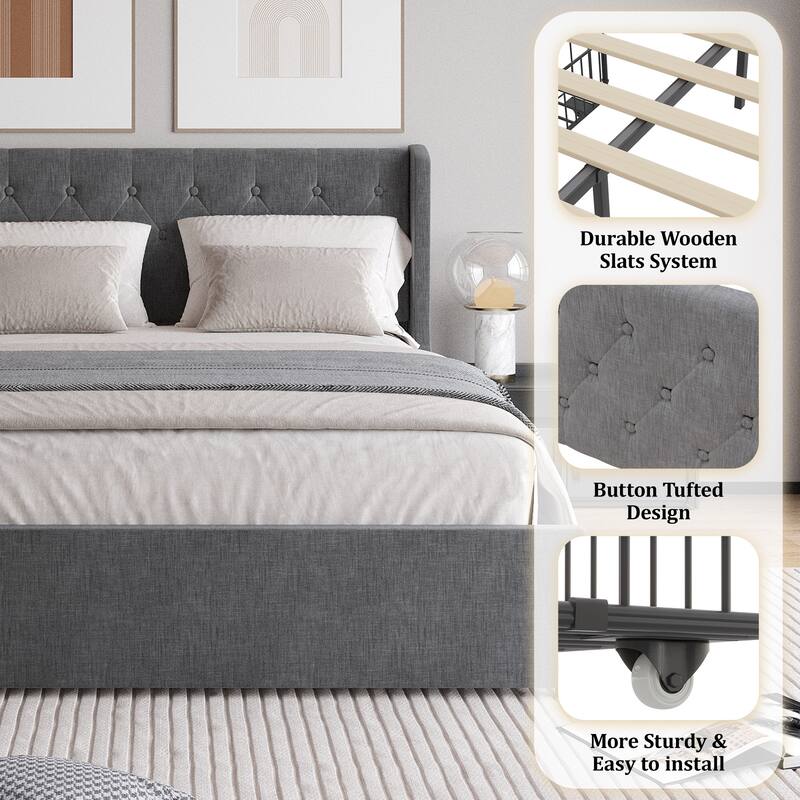 Grey Queen Size Upholstered Bed with Wingback Headboard, 4 Storage Drawers, Button Tufted Design