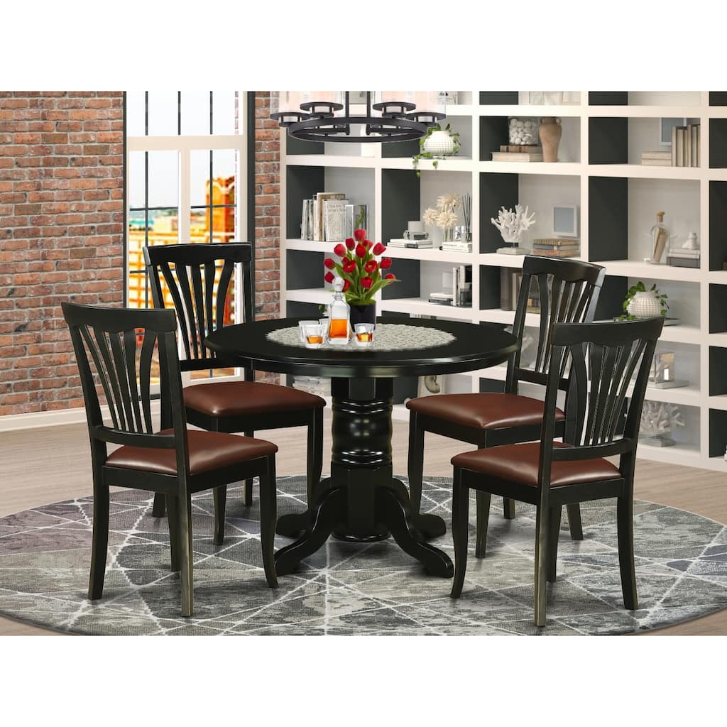 Modern 5 Piece Dining Set - Round Kitchen Table & 4 Faux Leather Chairs - 42 Inch - Black