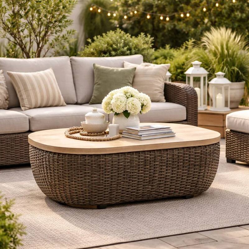 Kimo Outdoor Cocktail Coffee Table, Brown Wicker Details, 50 Inch